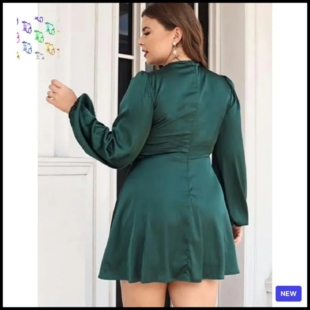 Satin Mini Dress Elegant V-Neck Lantern Sleeve Cut Out Evening Party Wear